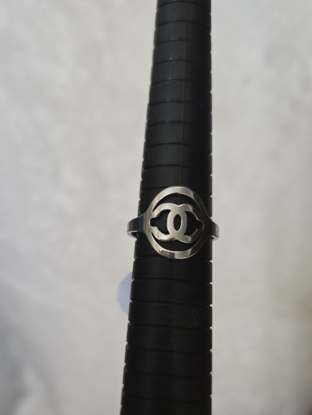 Silver Interlocking CC Openwork Ring.Size 7.5.